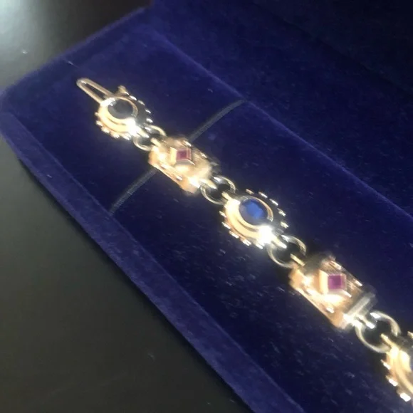 🌷Etruscan Revival Statement Bracelet Multi Colored Gemstones 14K Gold - Picture 11 of 16